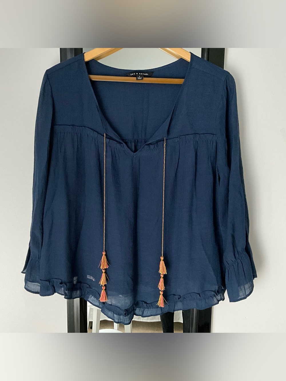 Navy Blouse with Coral Tassels7